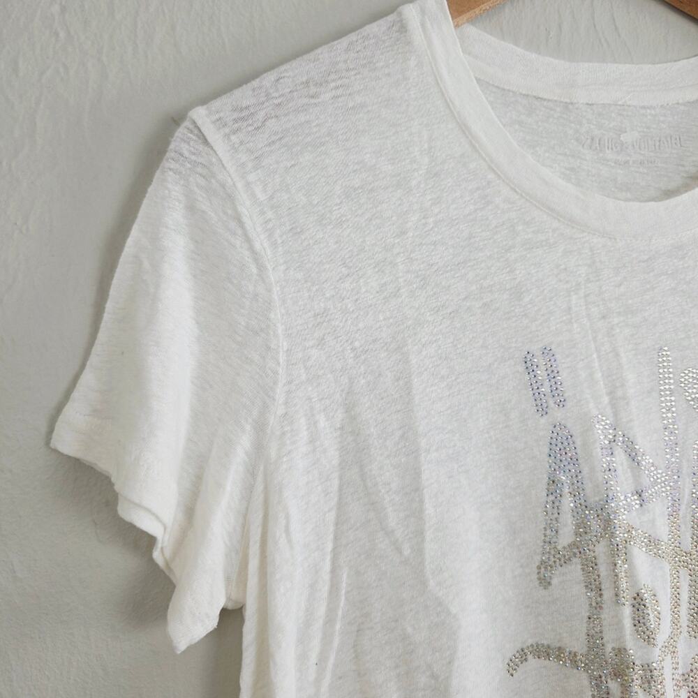 NEW Zadig & Voltaire Azedi Jormi Strass Crystal Linen Blend T-Shirt White Large - Picture 6 of 14